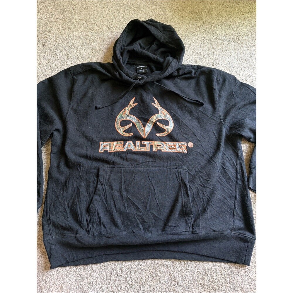 Realtree Men’s Black Pullover Hoodie Camo Logo Fleece 60/40 Blend/Sixe XL